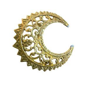 Crescent Moon Shaped Filagree Gold Tone Small Brooch Vintage Elegant